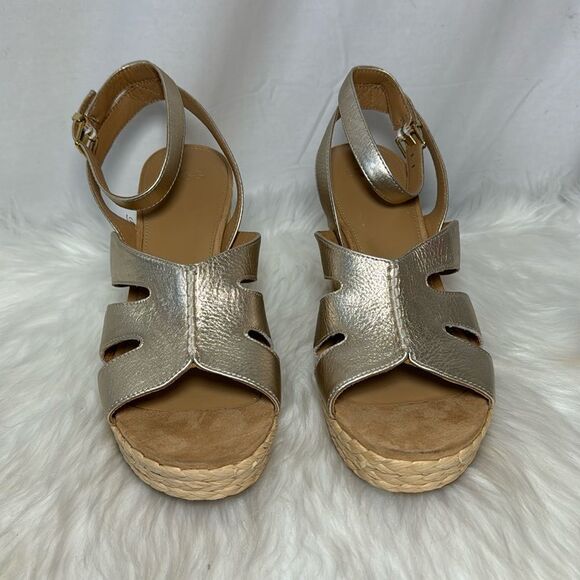 UGG Careena NWOT Gold Leather Raffia Wedge Espadrille Sandals Sz 11 - Picture 3 of 7